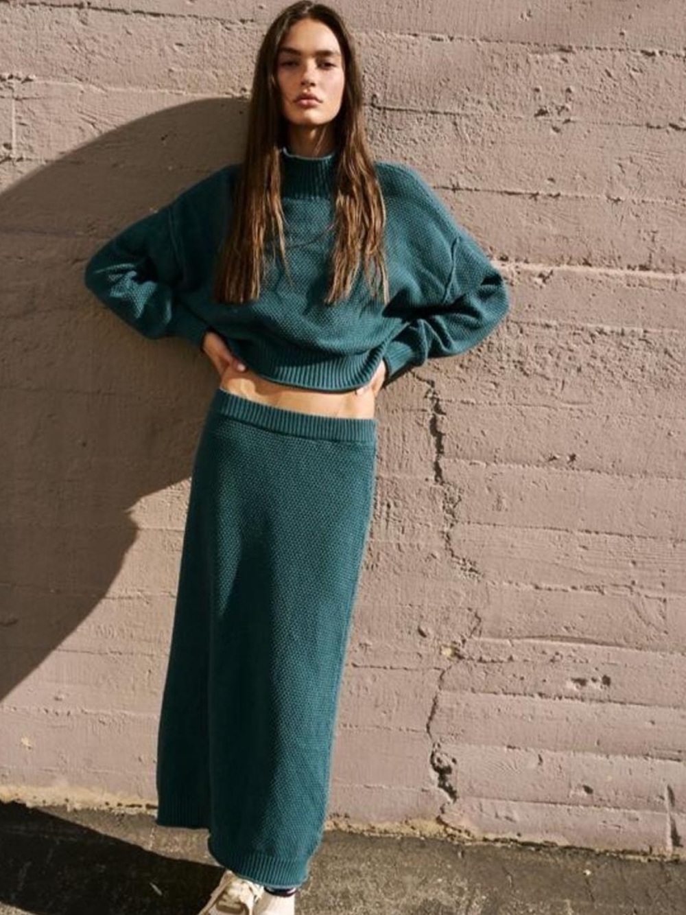 Free People | Women’s Teal FP Beach Ribbed Knit Pull On Side Slit Maxi Skirt M